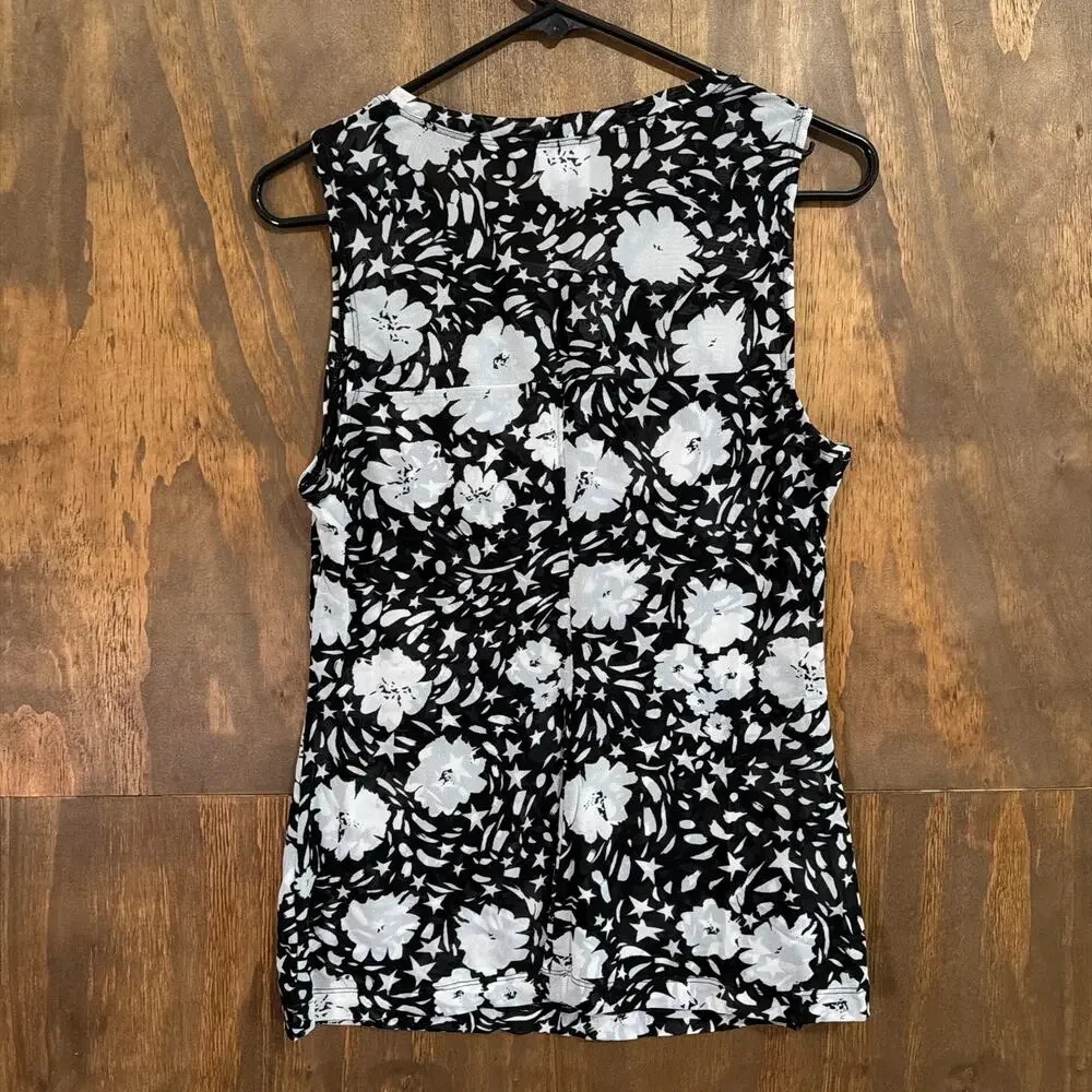 Cabi Womens Blouse Black Gray Floral Round Neck Sleeveless Sheer Stretch Small